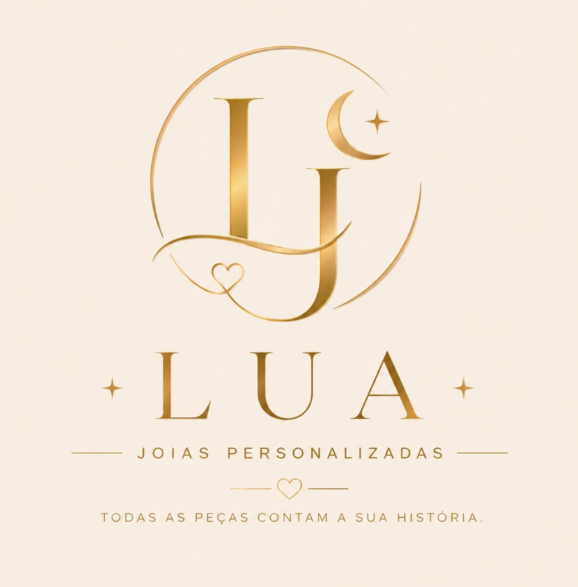 Logo Lua Joias Personalizadas: monograma LJ dourado, lua, estrela e coração